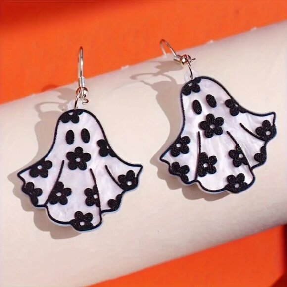#28 Cute Ghost Acrylic Drop & Dangle Earrings with Black Flower Pattern - Picture 1 of 1